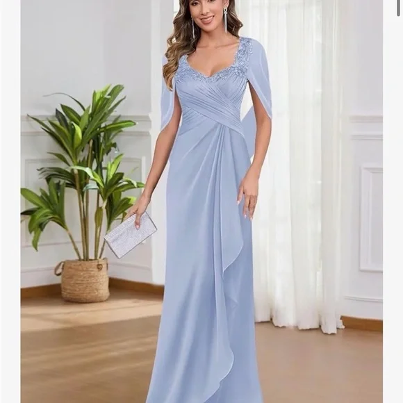 Sophisticated Dusty Blue Cape Sleeve Dress - Picture 2 of 3